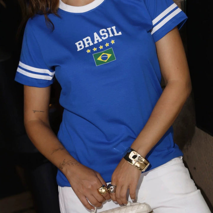 Women's sporty fan t-shirt with Brazil print and contrast stripes Mune Fashion