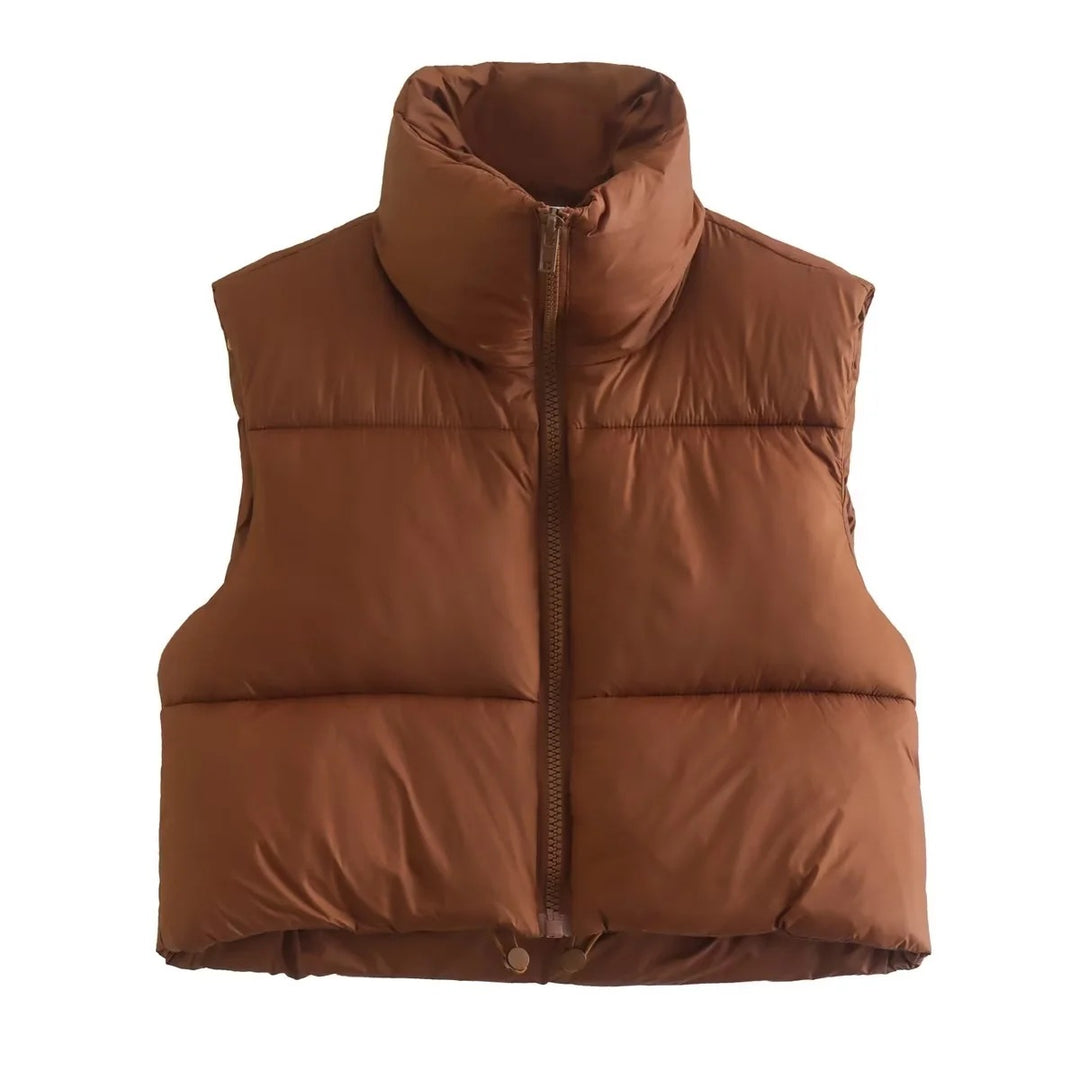 Women's short quilted vest with high stand-up collar, padded thermal filling, and adjustable drawstring hem Mune Fashion