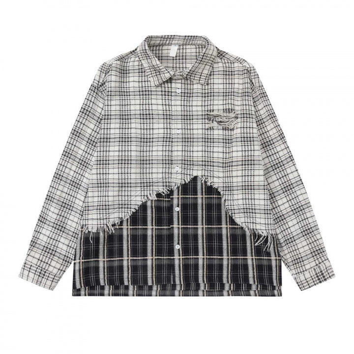 Unisex Oversize Check Shirt with Layered Look and Frayed Hem Mune Fashion