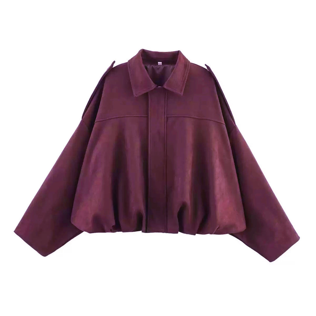 Women's Oversized Short Jacket with Balloon Hem, Shoulder Pads and Concealed Front Placket Mune Fashion