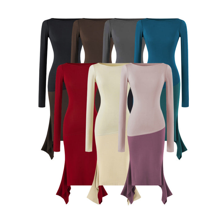 Women Figure-Hugging Midi Dress with Asymmetrical Hem and Panel Design Mune Fashion