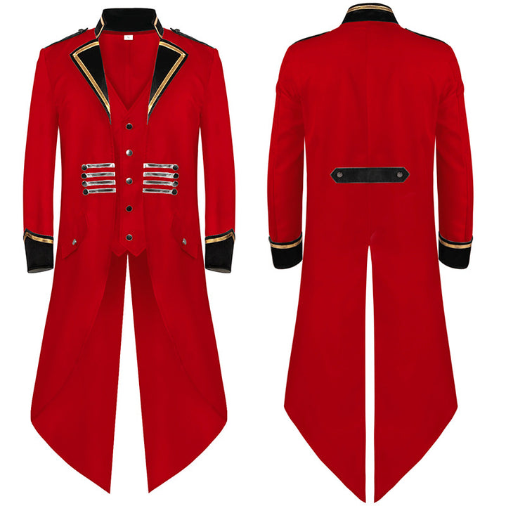 Men's military-inspired long coat with flared cut, stand collar, and decorative metal strips Mune Fashion