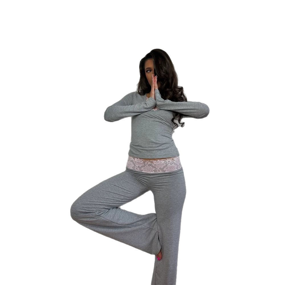 Women Figure-Hugging Lounge Set with Lace Detail, High-Waist Leggings & Crop Top Mune Fashion