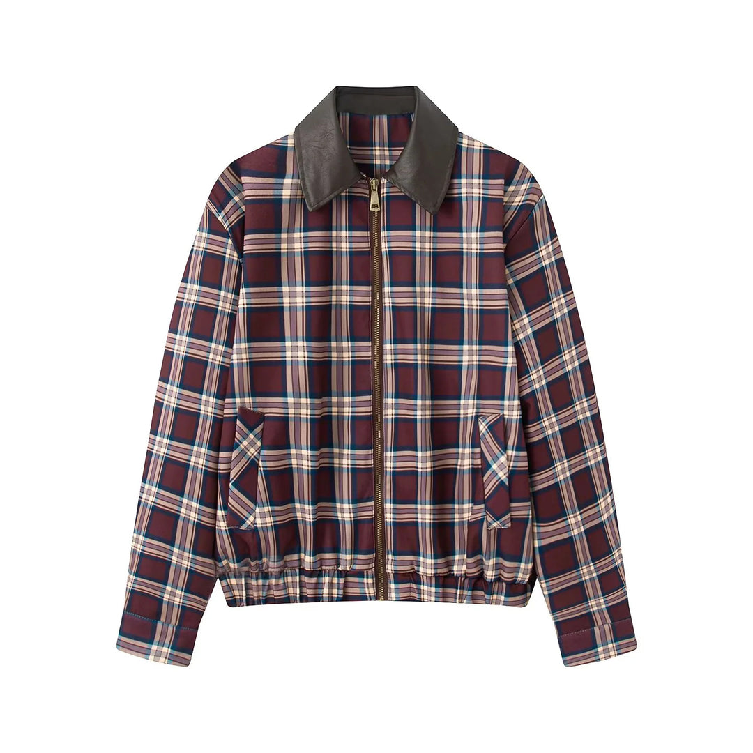 Women's checked bomber jacket with faux leather collar, full zip and elastic hem Mune Fashion