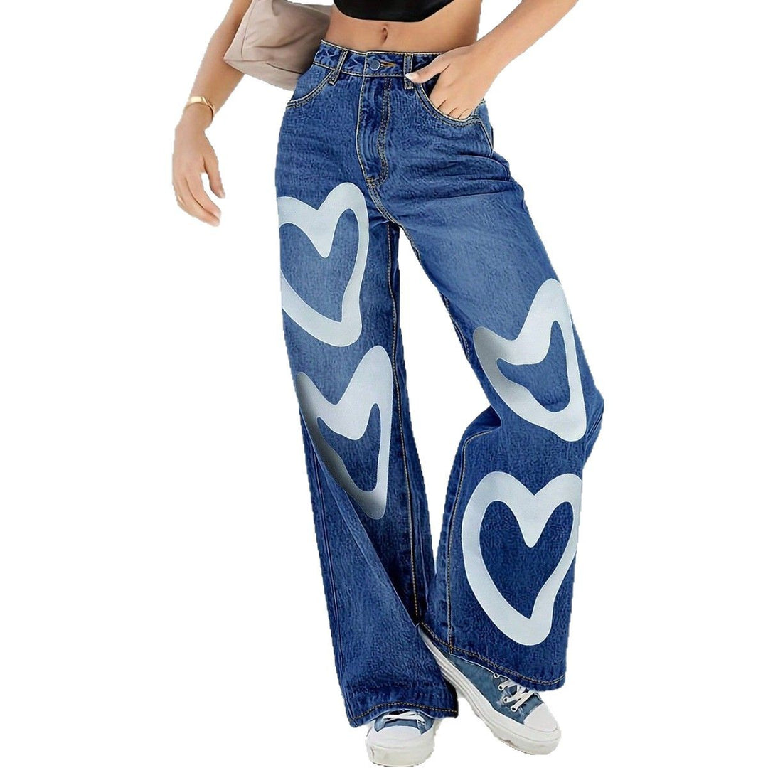 Ladies High-Waist Wide-Leg Jeans with large heart print Mune Fashion