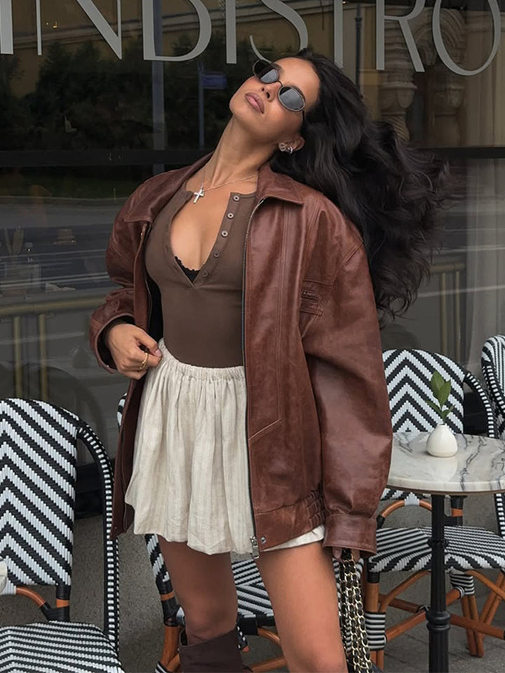 Women's Oversized Faux Leather Jacket in Biker Style with Shirt Collar and Zipper Mune Fashion