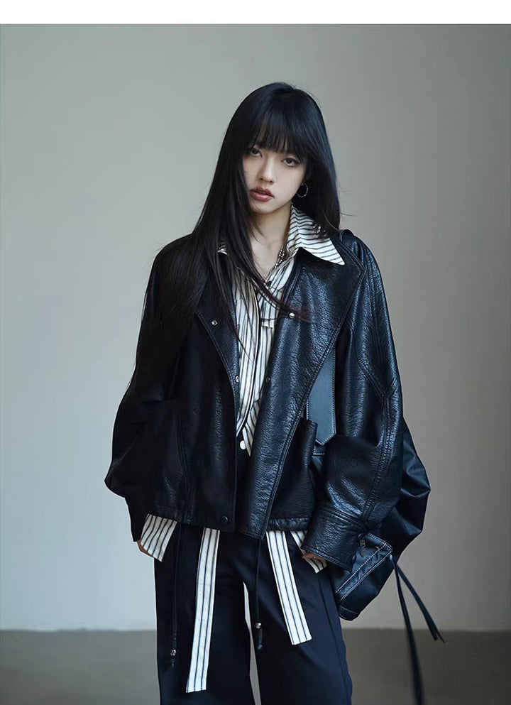 Women's Oversized Biker Jacket made of Faux Leather with Wide Lapels and Voluminous Sleeves Mune Fashion