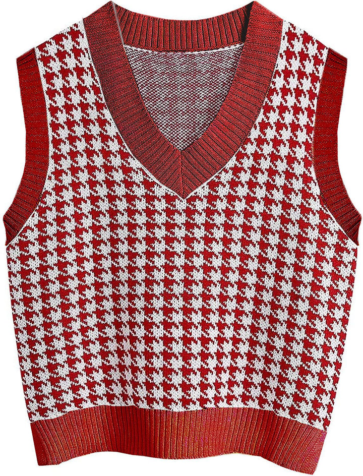 Women’s knit vest with houndstooth pattern, V-neck and ribbed hem Mune Fashion