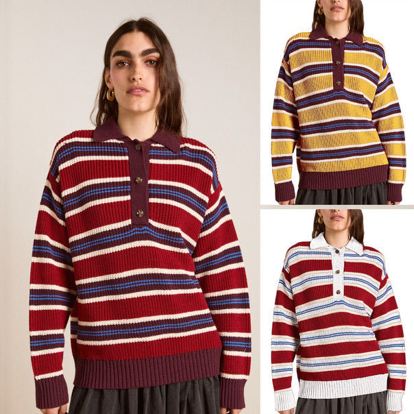Women’s Oversize Knit Sweater with Polo Collar & Multi-layered Stripe Relief Mune Fashion