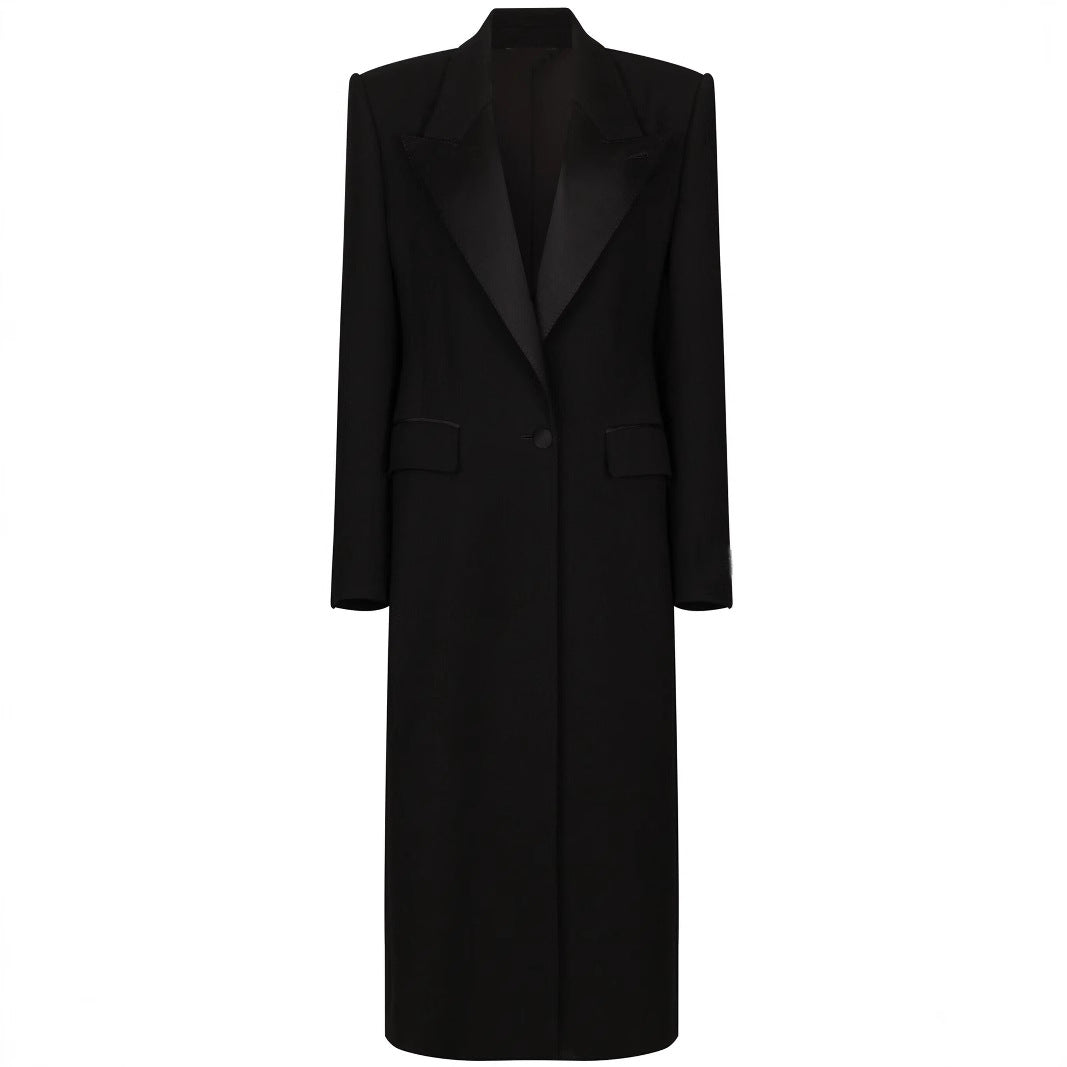 Women Elegant Tuxedo Pantsuit with Long Coat and Wide Pleated Trousers Mune Fashion