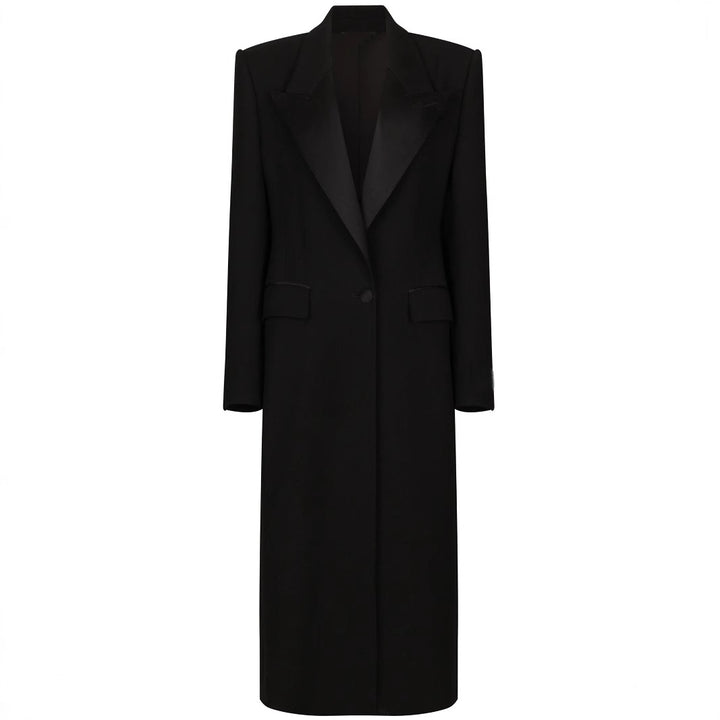 Women Elegant Tuxedo Pantsuit with Long Coat and Wide Pleated Trousers Mune Fashion