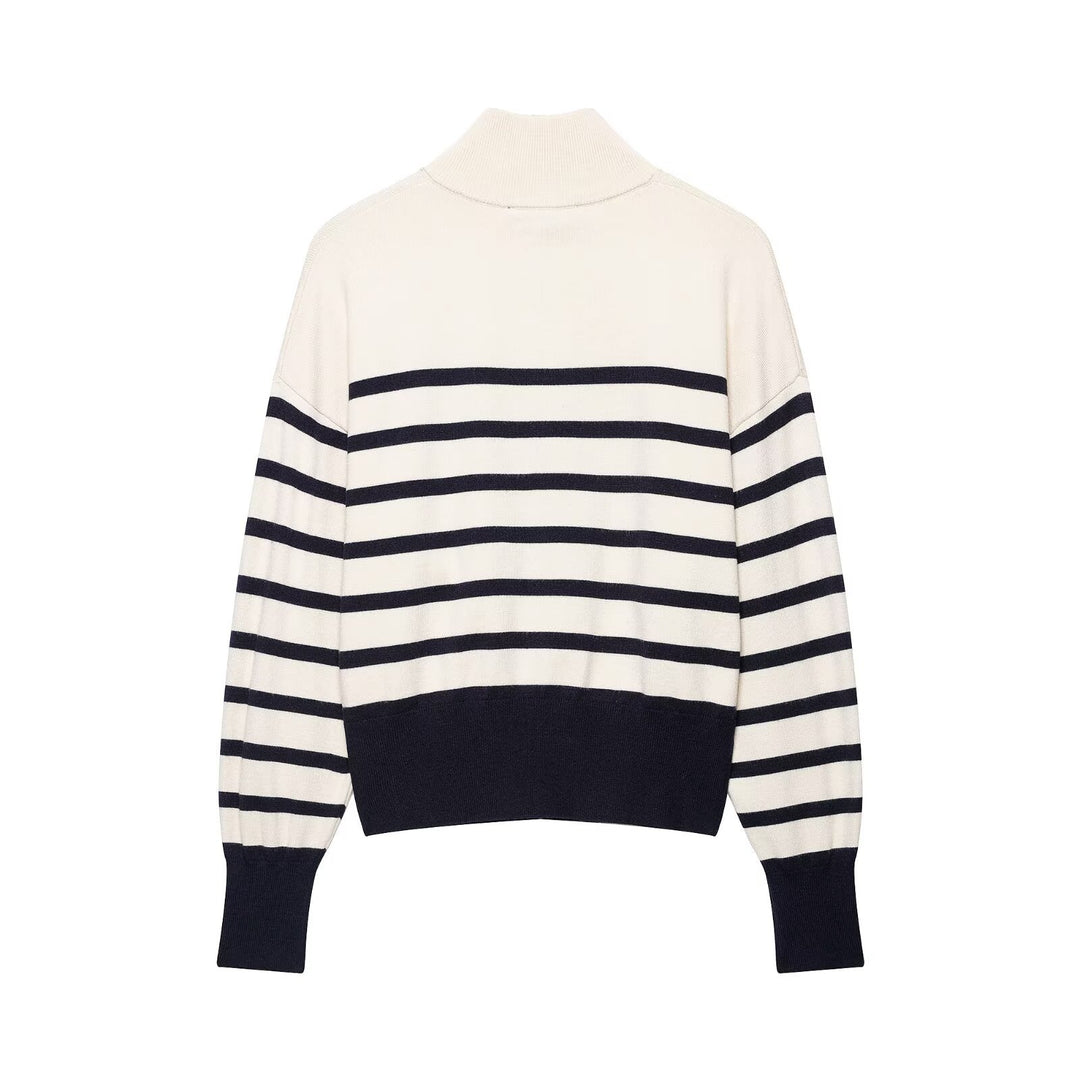 Women Striped Fine Knit Sweater with Stand-Up Collar and Half Zip Mune Fashion