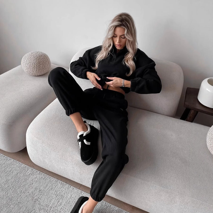 Women's Ultra-Soft Fleece Relax Set with Stand-Up Collar, Half Zipper and Elastic Slip Pants Mune Fashion
