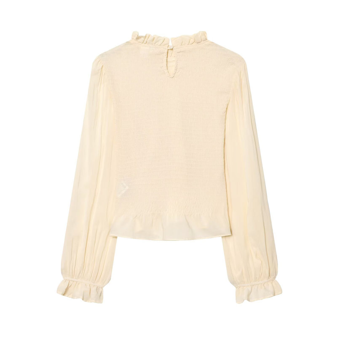 Women's Ruffled Blouse with Smocked Tiers, Stand-up Collar and Wide Balloon Sleeves Mune Fashion