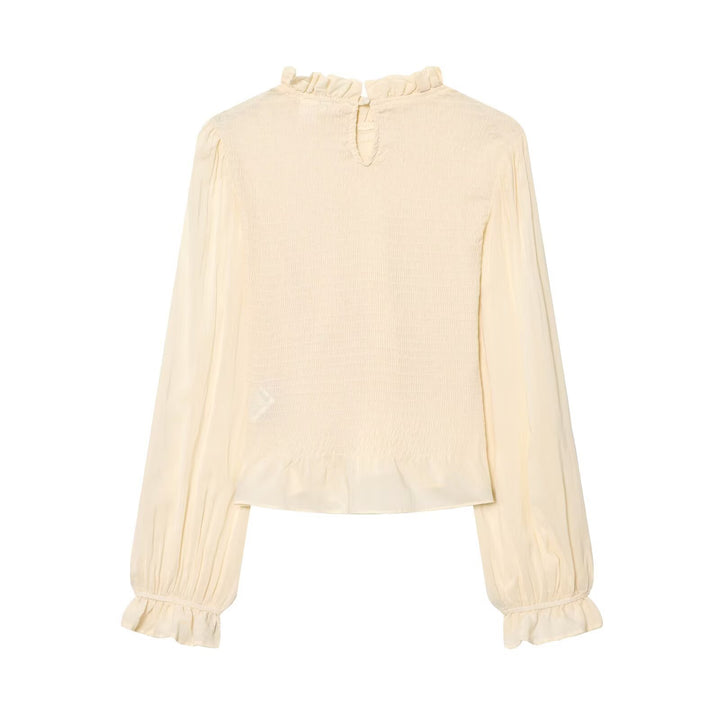 Women's Ruffled Blouse with Smocked Tiers, Stand-up Collar and Wide Balloon Sleeves Mune Fashion