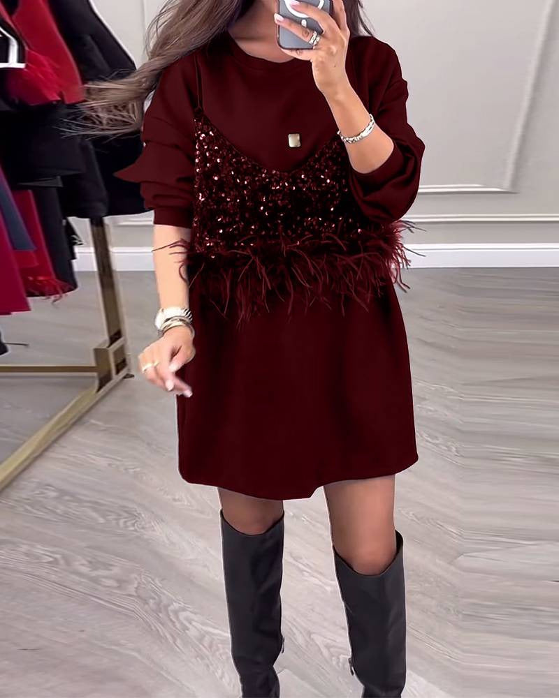Women's Nan Sweatshirt Mini Dress with Sequin Front and Feather Trim Mune Fashion