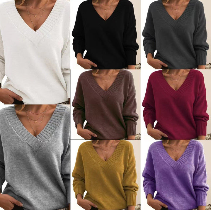 Women's Oversized V-Neck Knit Sweater with Ribbed Cuffs Mune Fashion