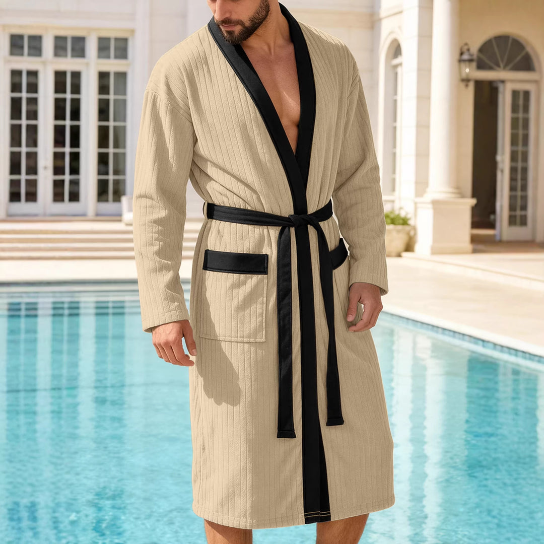 Men's knee-length ribbed kimono-style bathrobe with shawl collar and contrast piping Mune Fashion