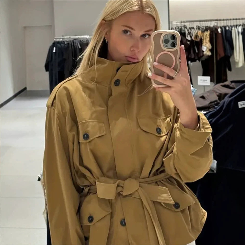 Women's Tailored Utility Jacket with Tie Belt, High Stand Collar and Flap Pockets Mune Fashion