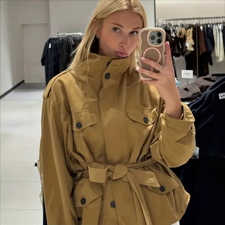 Women's Tailored Utility Jacket with Tie Belt, High Stand Collar and Flap Pockets Mune Fashion