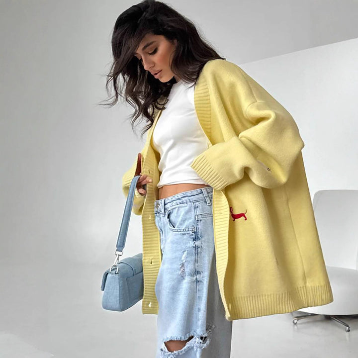 Women Oversized Knit Cardigan with Embroidered Dachshund Motifs Mune Fashion
