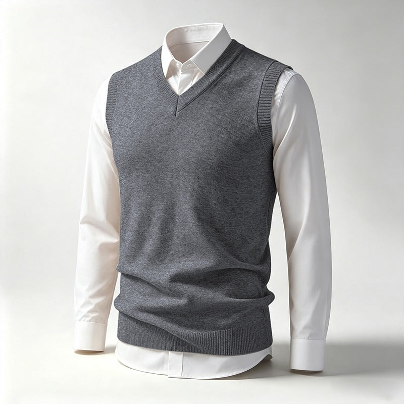 Men's Sleeveless Fine Knit V-Neck Vest with Ribbed Hem Mune Fashion