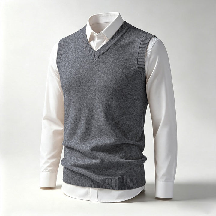 Men's Sleeveless Fine Knit V-Neck Vest with Ribbed Hem Mune Fashion