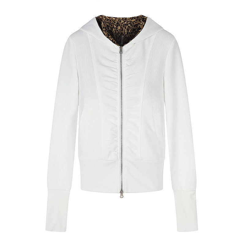 Women's Hooded Sweat Jacket with Full Zip, Gathered Front and Leopard Hood Lining Mune Fashion