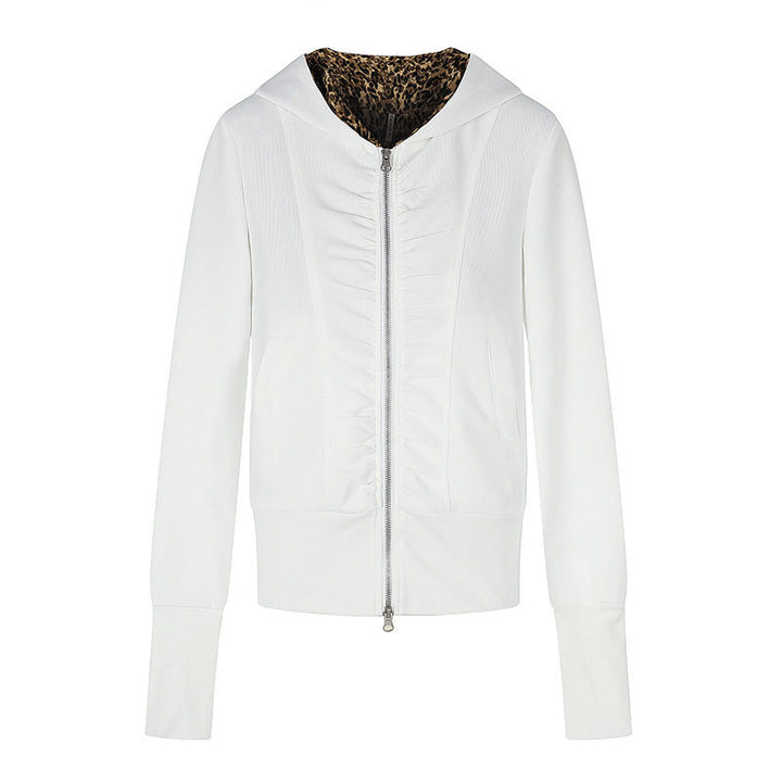 Women's Hooded Sweat Jacket with Full Zip, Gathered Front and Leopard Hood Lining Mune Fashion