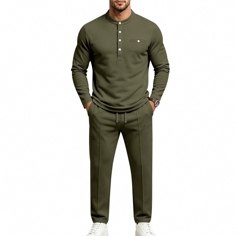 Men's Two-Piece Leisure Set with Henley Long Sleeve Shirt, Stand Collar and Comfort Jogging Pants Mune Fashion