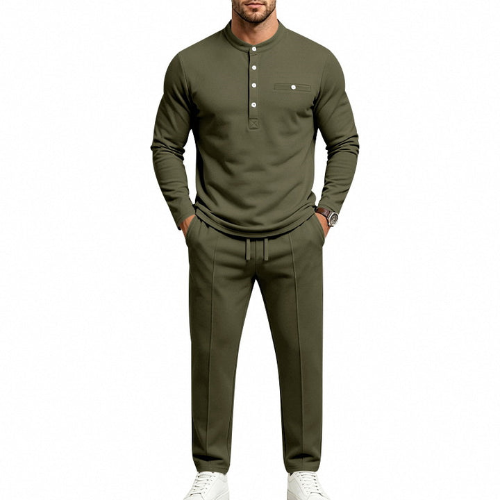 Men's Two-Piece Leisure Set with Henley Long Sleeve Shirt, Stand Collar and Comfort Jogging Pants Mune Fashion
