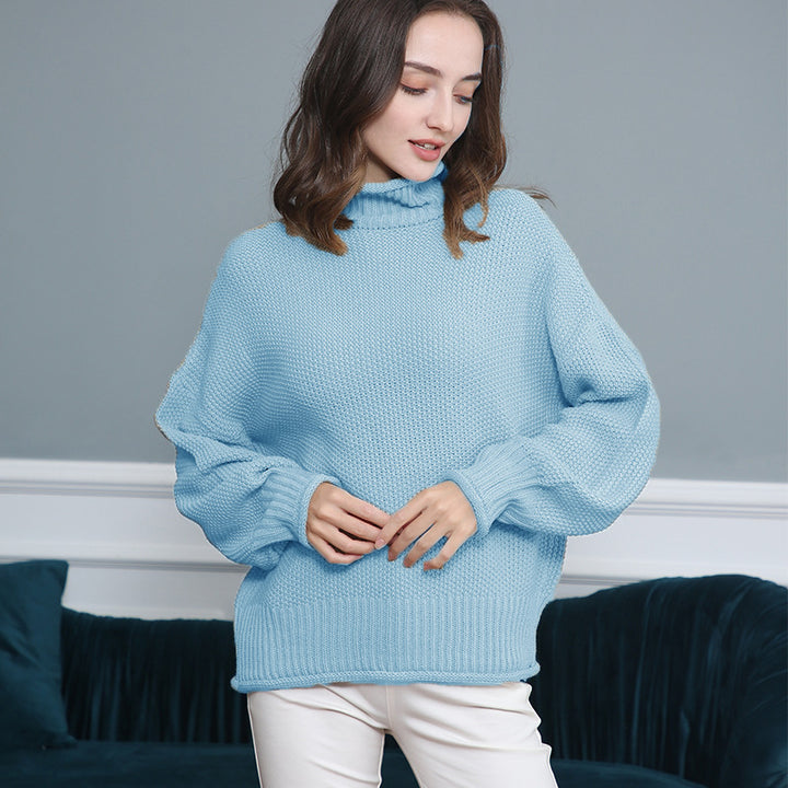 Women's Chunky Knit Turtleneck Sweater with Balloon Sleeves Mune Fashion