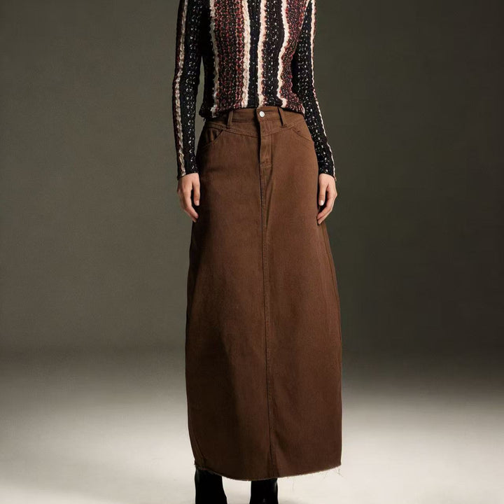 Ladies nan longer High-Waist Denim Maxi Skirt with straight silhouette and raw hem Mune Fashion