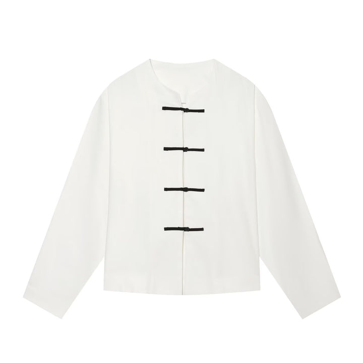 Women Boxy Jacket with Mandarin Collar and Decorative Knot Closures Mune Fashion