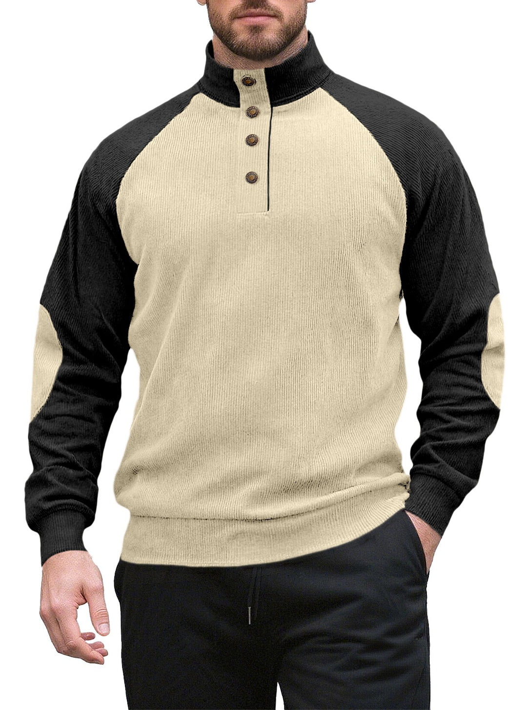 Men's two-tone ribbed troyer with asymmetrical button placket and velour elbow patches Mune Fashion