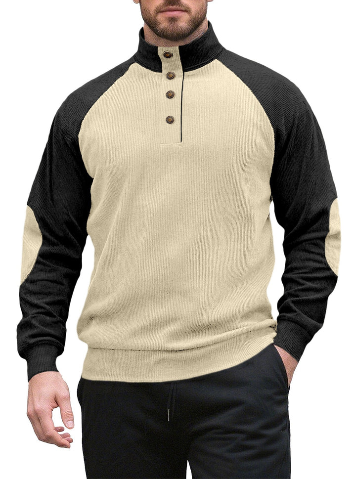 Men's two-tone ribbed troyer with asymmetrical button placket and velour elbow patches Mune Fashion