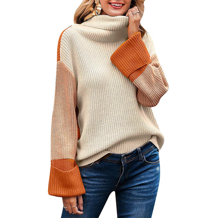 Women's loose turtleneck sweater with color block sleeves and wide trumpet sleeves Mune Fashion
