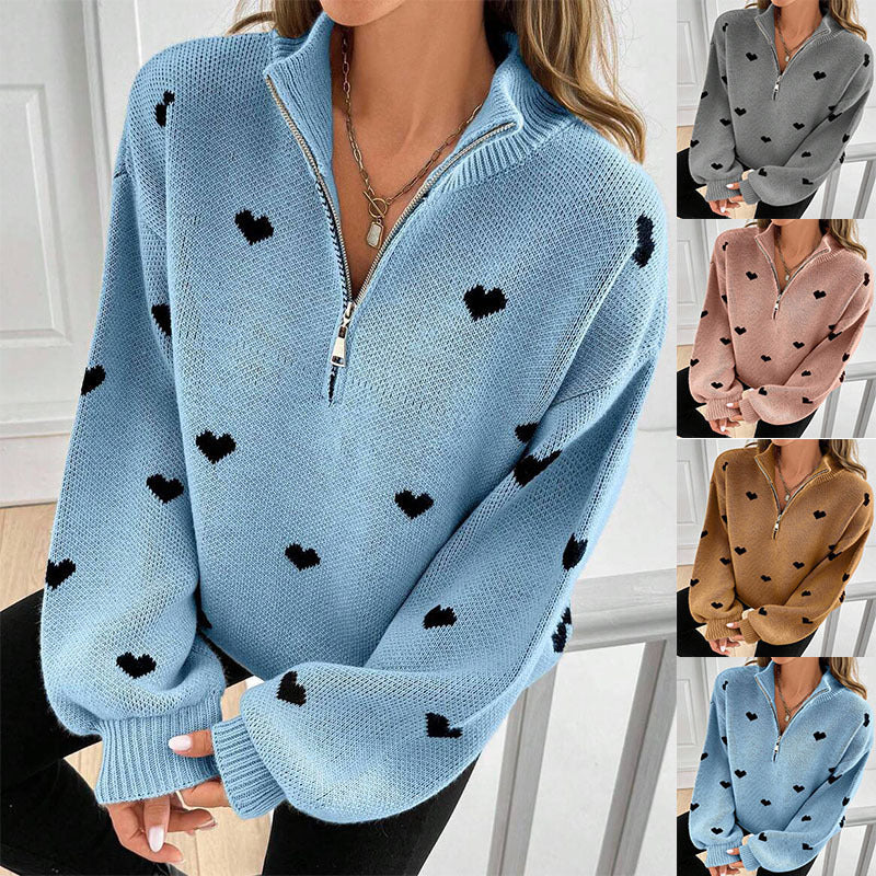 Women's Oversized Knit Sweater with Half-Zip and Heart Design Mune Fashion