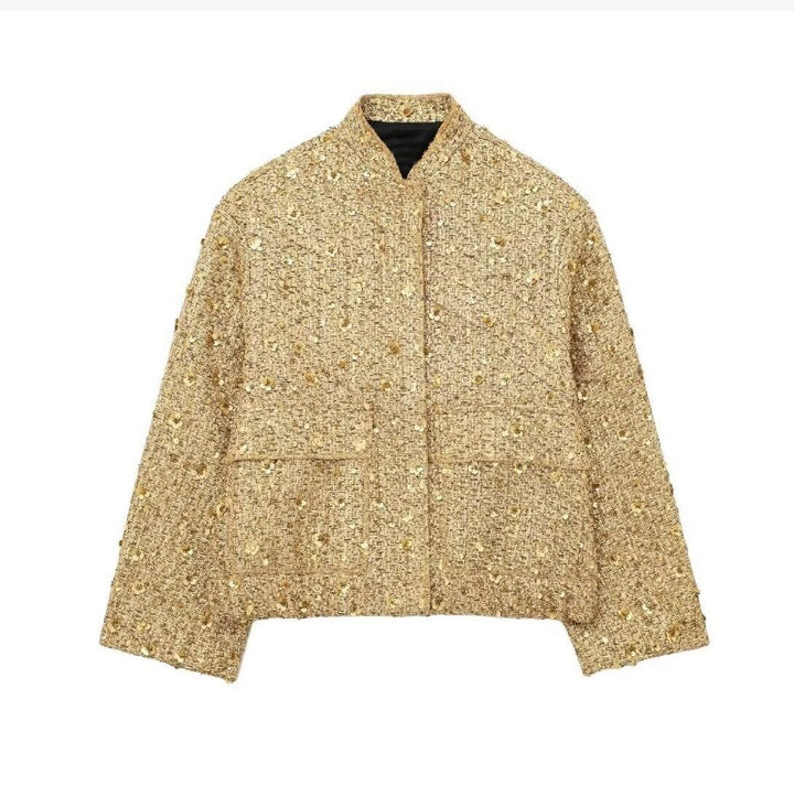 Women's structured bouclé jacket with stand-up collar, patch pockets, and elastic hem Mune Fashion