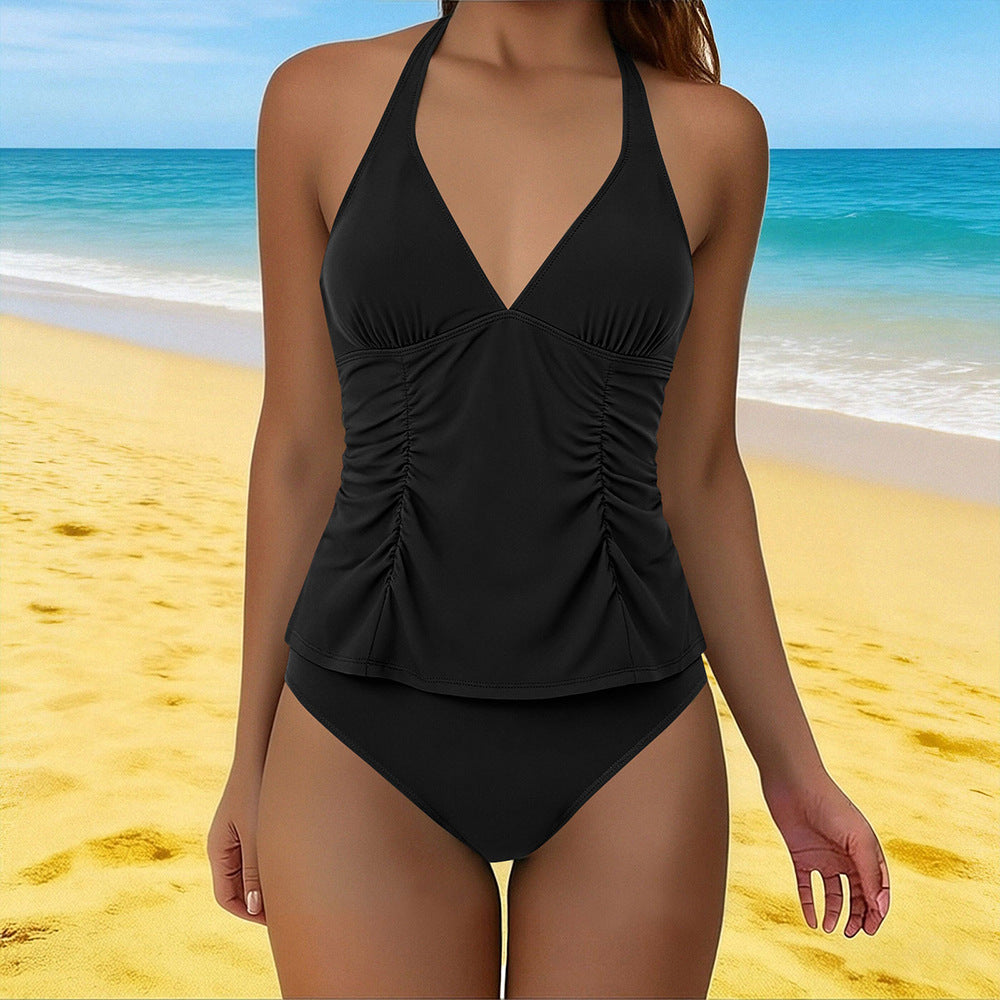 Women's Tankini with Ruffle Detail and High Cut Mune Fashion