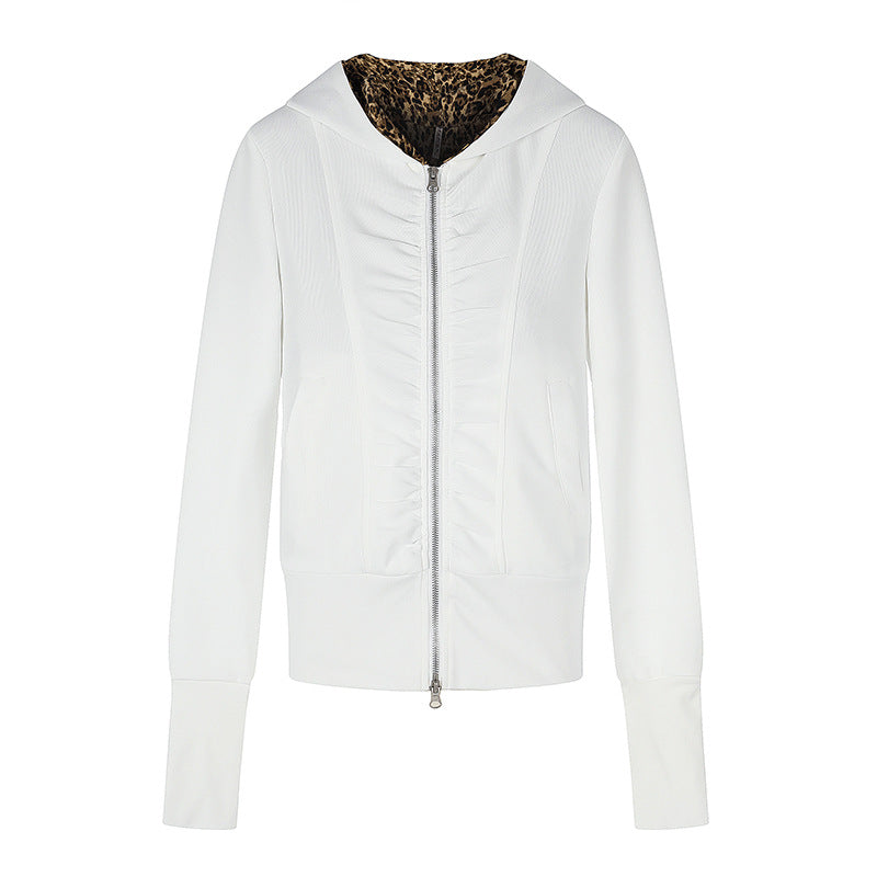 Women's Hooded Sweat Jacket with Full Zip, Gathered Front and Leopard Hood Lining Mune Fashion