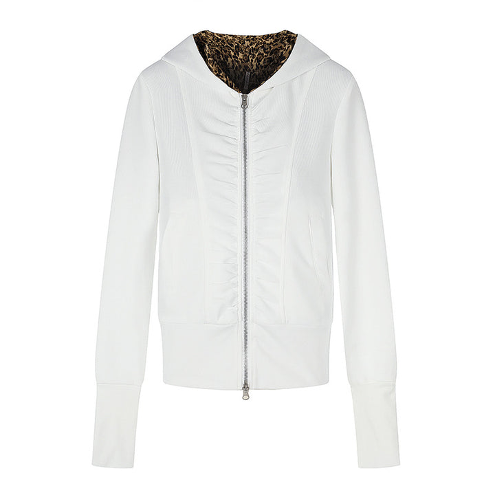 Women's Hooded Sweat Jacket with Full Zip, Gathered Front and Leopard Hood Lining Mune Fashion