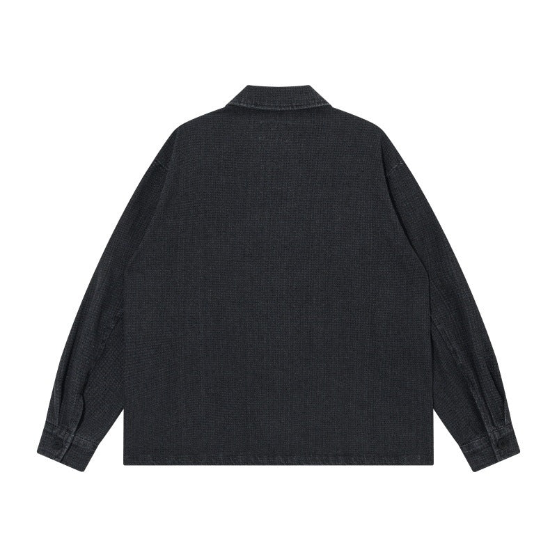 Men's short-cut denim chore jacket in boxy blouson style with Chinese toggle button placket Mune Fashion