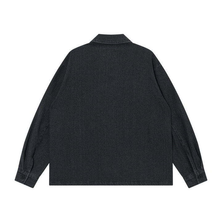 Men's short-cut denim chore jacket in boxy blouson style with Chinese toggle button placket Mune Fashion