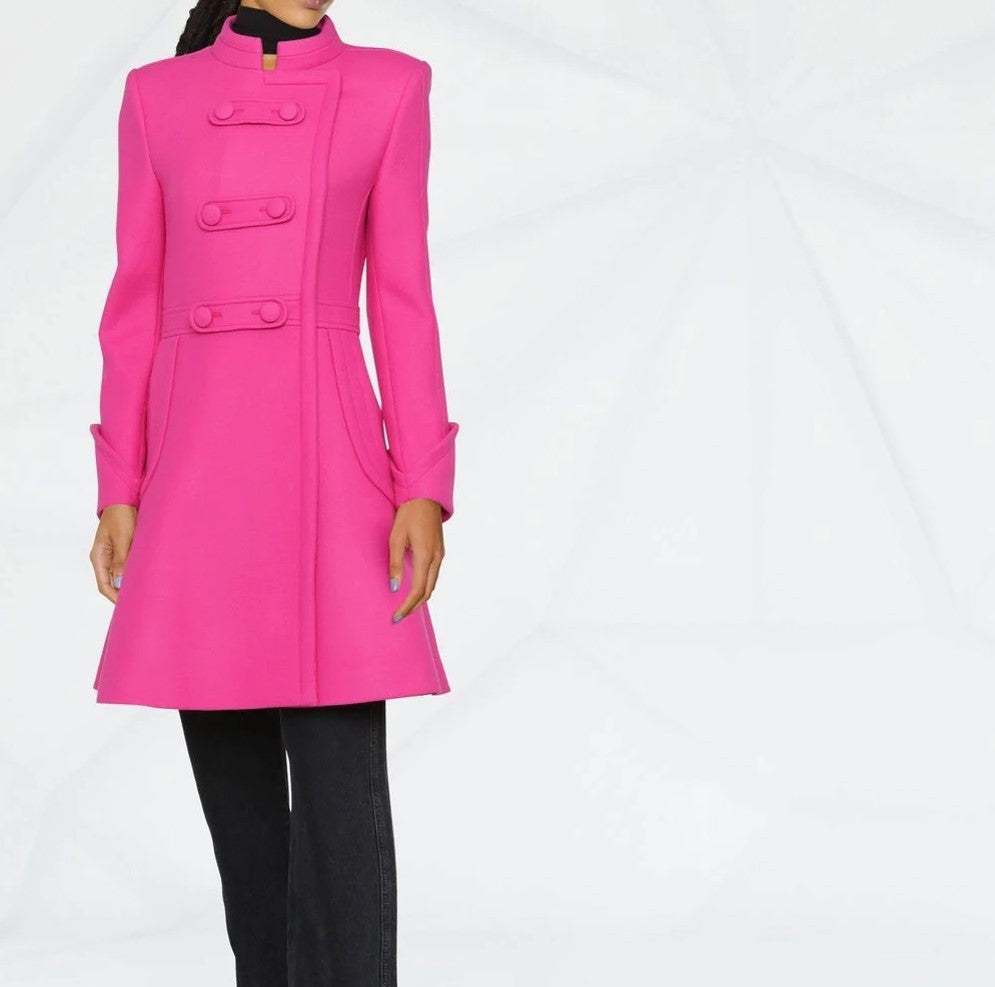 Women's Mid-Length A-Line Coat with Stand-Up Collar and Decorative Loop Closure Mune Fashion