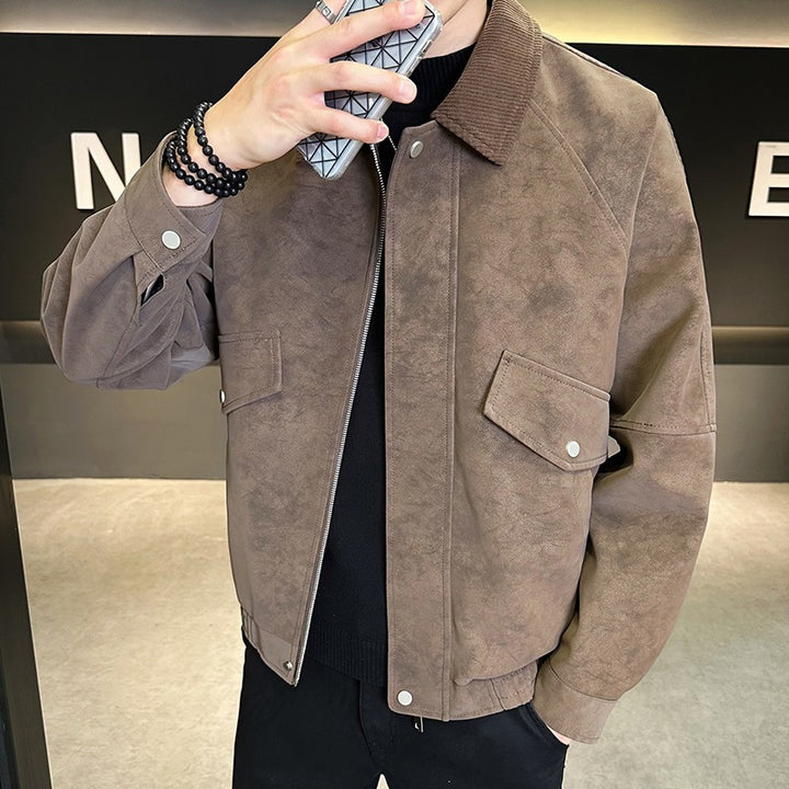 Men's Oversized Velour-Look Transitional Blouson with Shirt Collar, Zipper & Elastic Hem