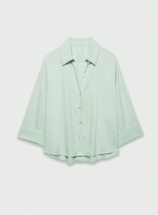 Women's Lightweight Oversized Linen Look Blouse with Three-Quarter Sleeves and Full Button Placket Mune Fashion