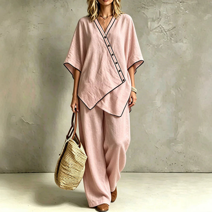 Women's Asymmetric Tunic Loungewear Set with Diagonal Button Placket and Wide Palazzo Pants Drune
