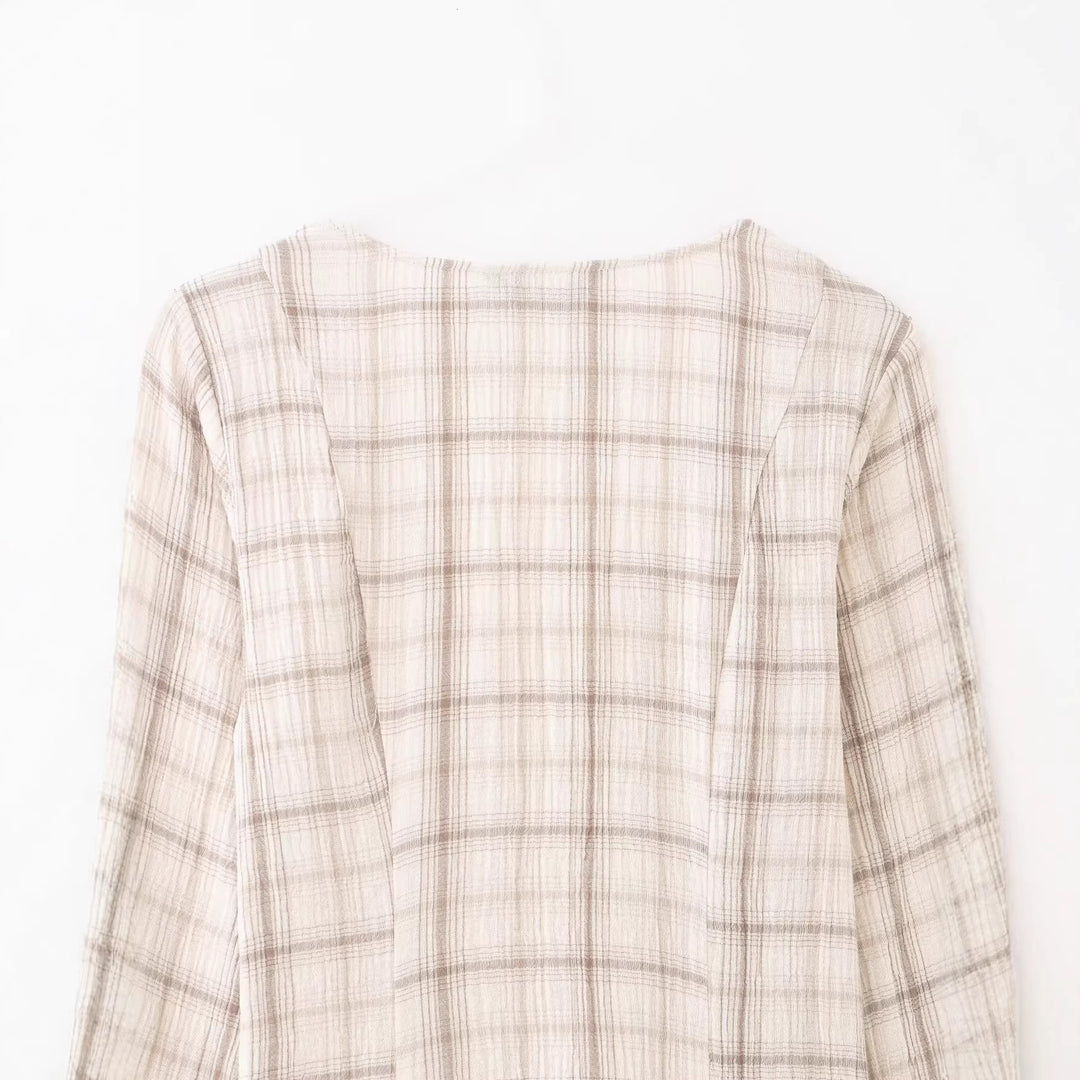 Women Lightweight Checkered Summer Dress with Deep V-Neck and Bell Sleeves Mune Fashion