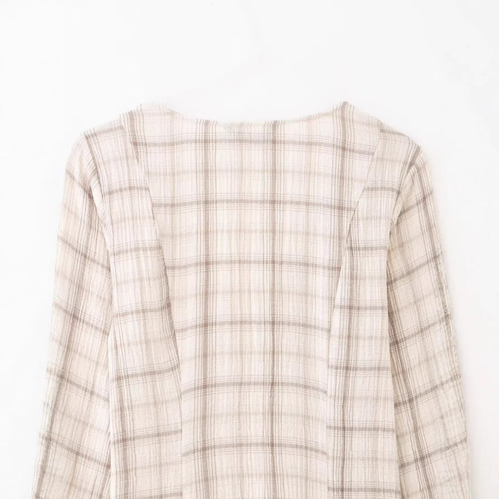 Women Lightweight Checkered Summer Dress with Deep V-Neck and Bell Sleeves Mune Fashion